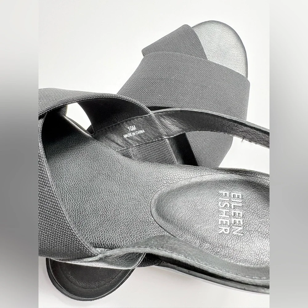 Eileen Fisher Women’s Black Slingback Leather Wedge Sandal, 2.5” Heel-Size: 10
